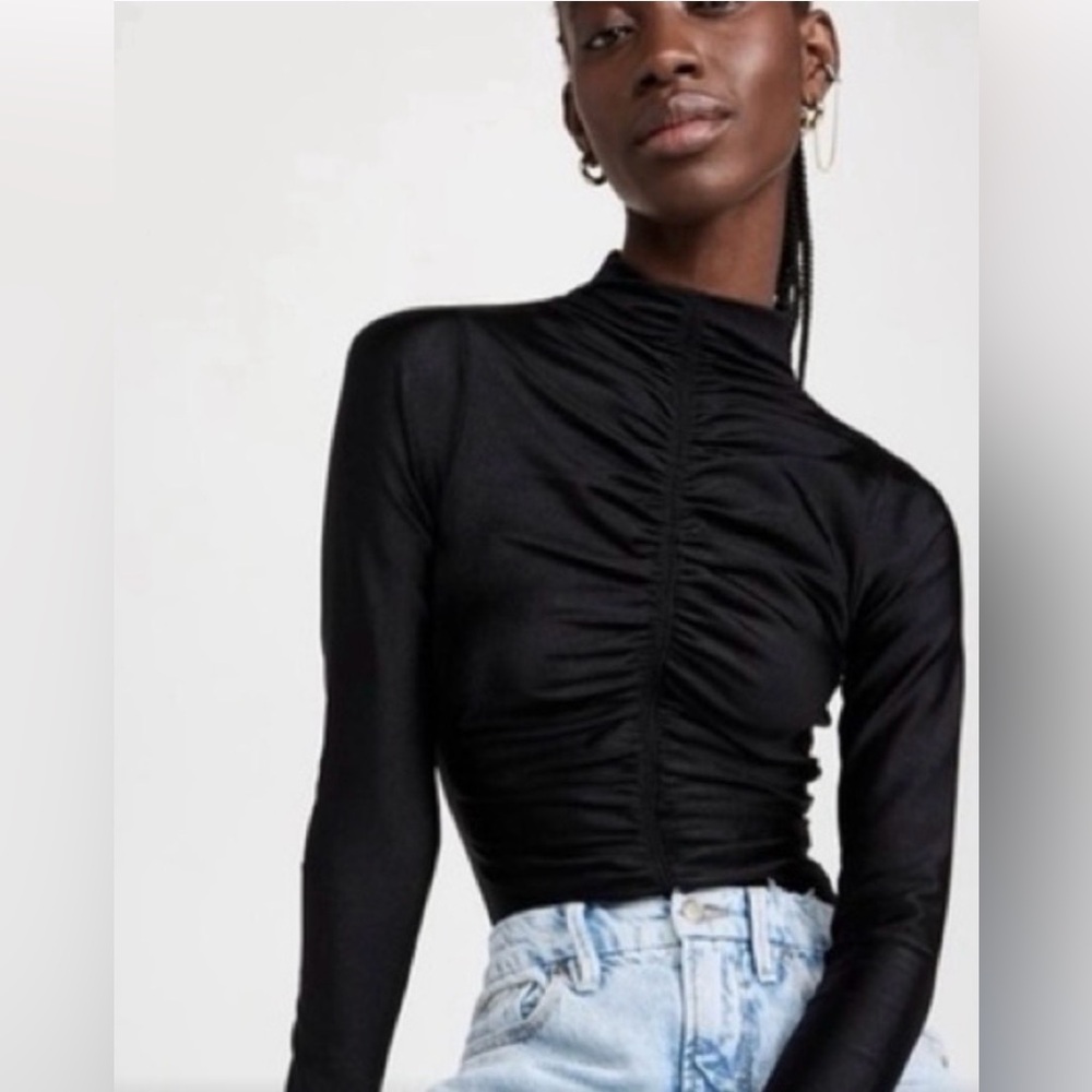 Good American Black Long Sleeve Bodysuit mock neck ruched thong size 2 (medium)